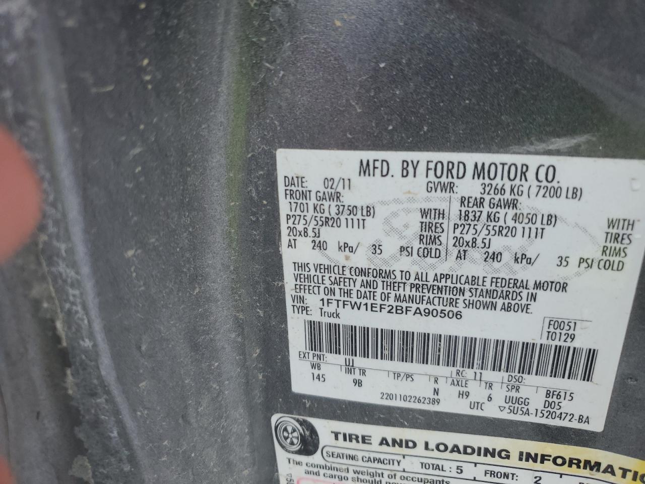 2011 Ford F-150 VIN 1FTFW1EF2BFA90506 Copart auction photo, side damage thumbnail 14