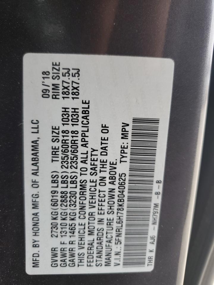2019 Honda Odyssey VIN 5FNRL6H78KB040625 Copart auction photo, all over damage thumbnail 16