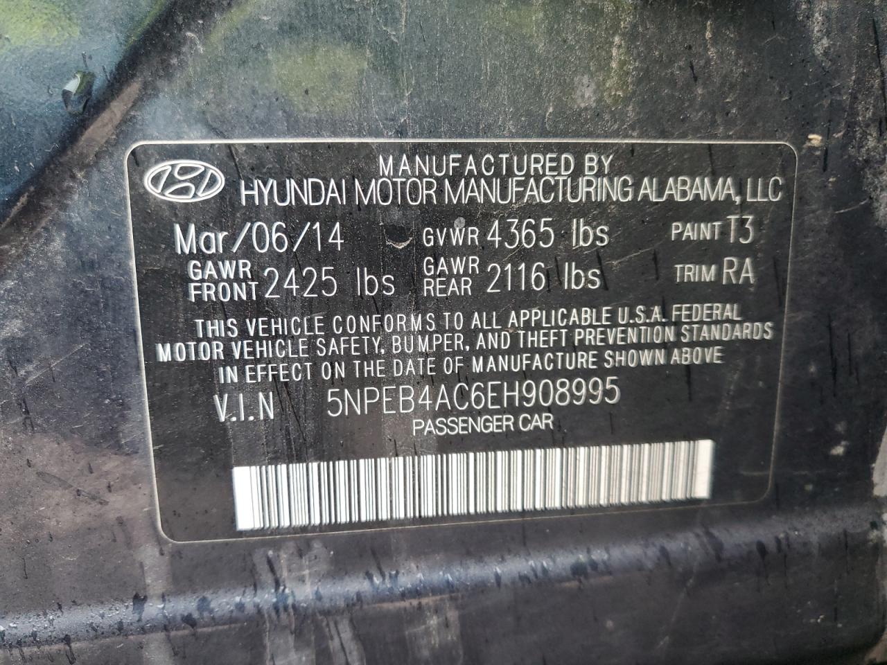 2014 Hyundai Sonata VIN 5NPEB4AC6EH908995 Copart auction photo, rear end / front end damage thumbnail 14
