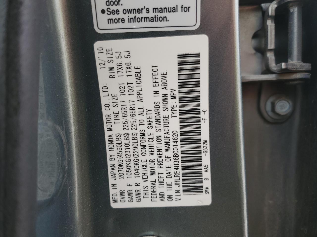 2011 Honda CR-V VIN JHLRE4H36BC014620 Copart auction photo, front end damage thumbnail 16