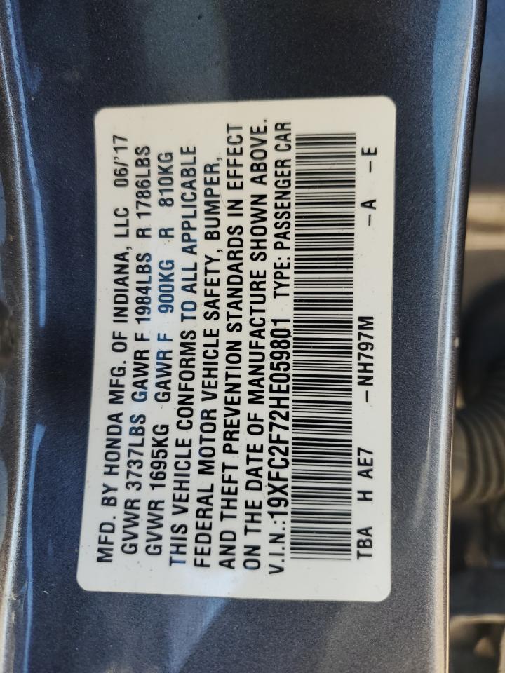 2017 Honda Civic VIN 19XFC2F72HE059801 Copart auction photo, front end / rear end damage thumbnail 14