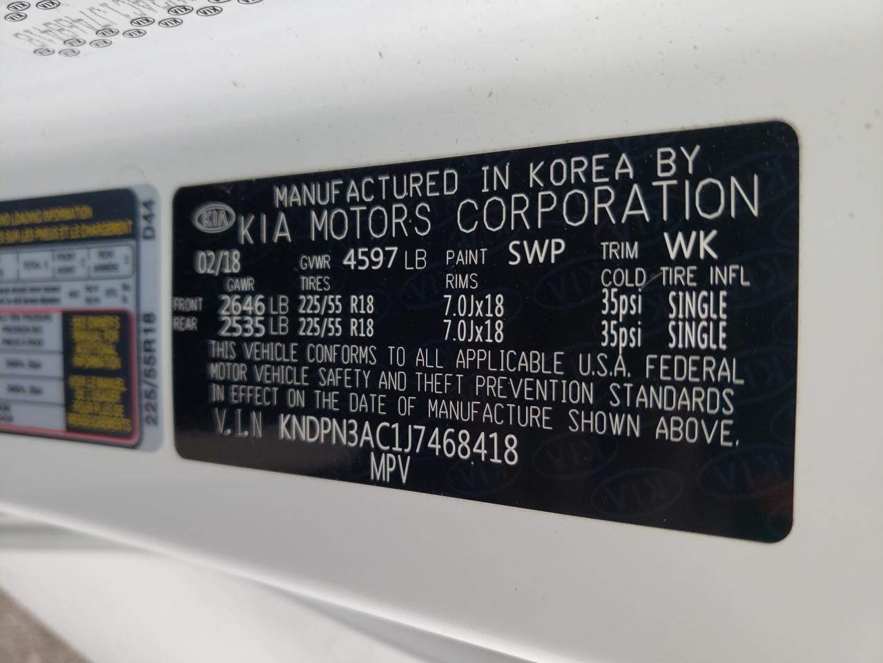 2018 KIA Sportage VIN KNDPN3AC1J7468418 Copart auction photo, front end damage thumbnail 13