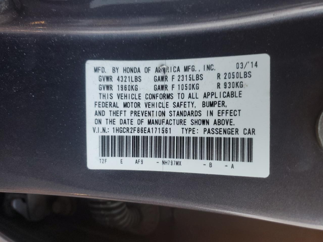 2014 Honda Accord VIN 1HGCR2F86EA171561 Copart auction photo, front end damage thumbnail 13