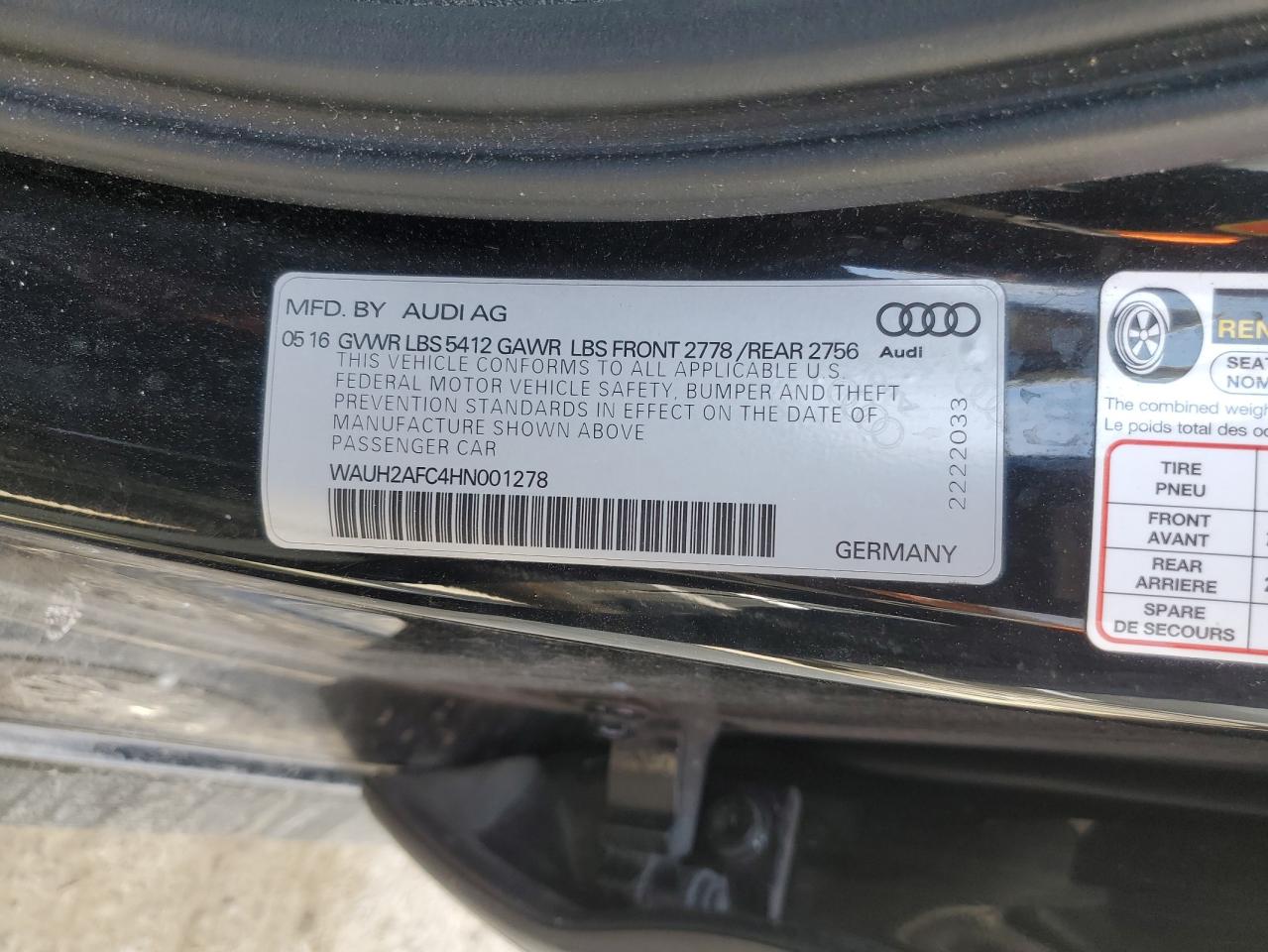 2017 Audi A6 VIN WAUH2AFC4HN001278 Copart auction photo, front end damage thumbnail 14