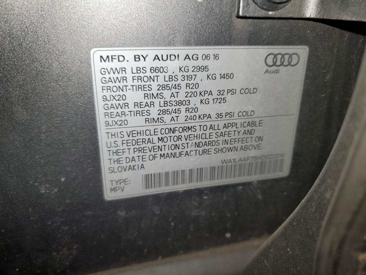 2017 Audi Q7 VIN WA1LAAF75HD022014 Copart auction photo, rear end damage thumbnail 15