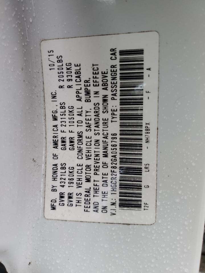 2016 Honda Accord VIN 1HGCR2F82GA056796 Copart auction photo, rear end damage thumbnail 14
