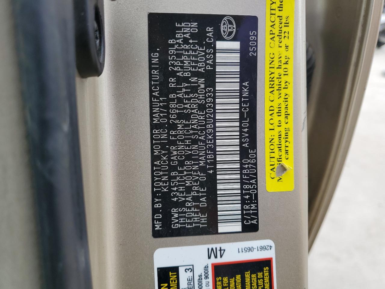 2011 Toyota Camry VIN 4T1BF3EK9BU203933 Copart auction photo, front end / hail damage thumbnail 13