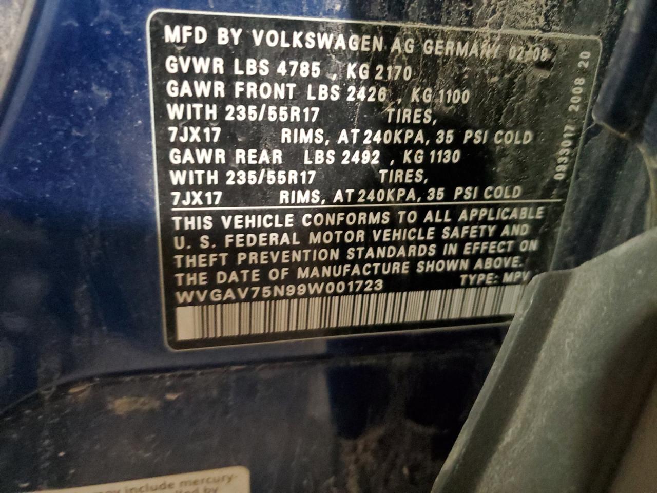 2009 Volkswagen Tiguan VIN WVGAV75N99W001723 Copart auction photo, all over / undercarriage damage thumbnail 13