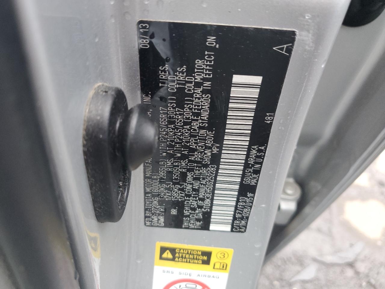 2013 Toyota Highlander VIN 5TDBK3EH5DS252283 Copart auction photo, side / front end damage thumbnail 15