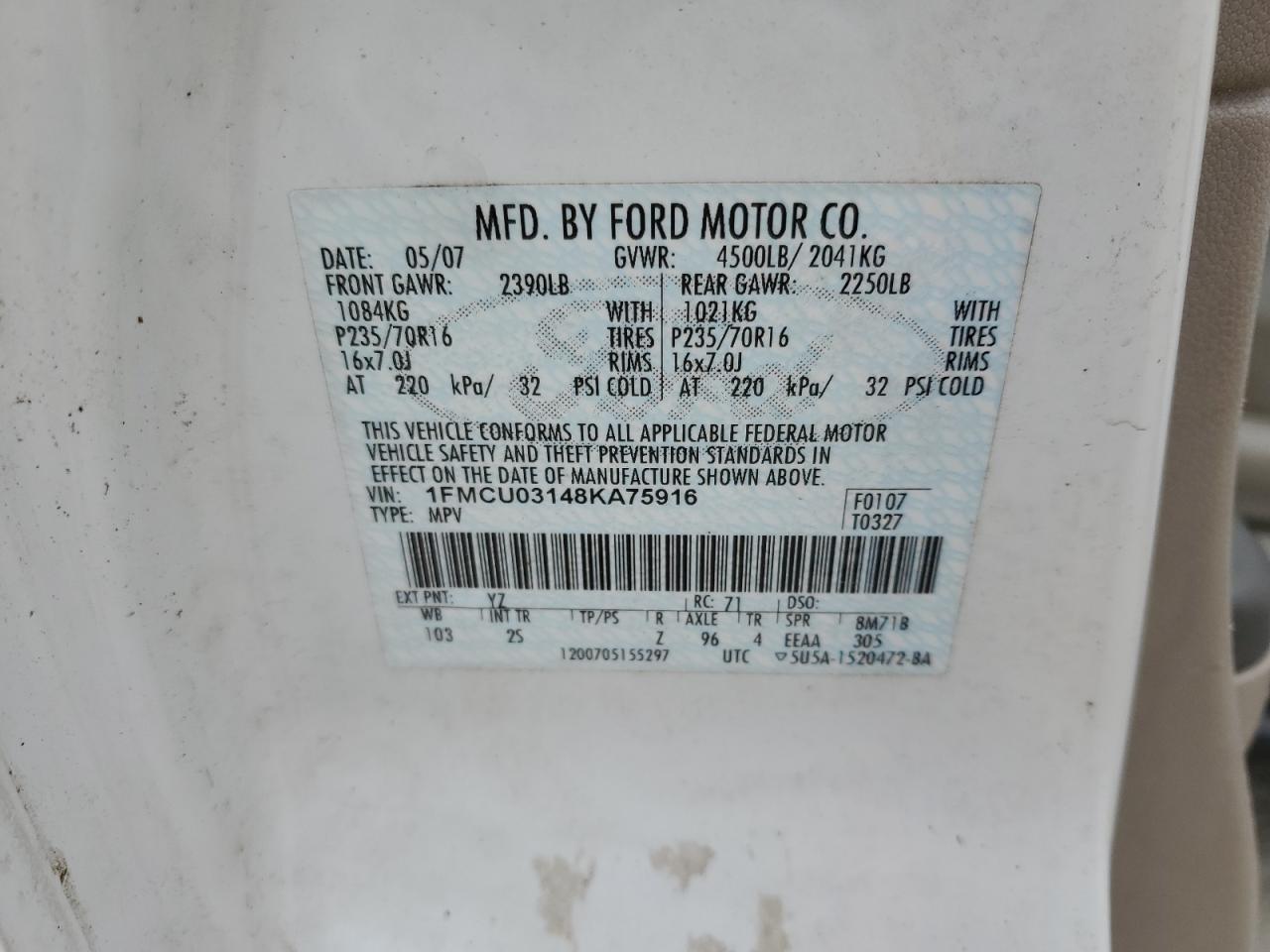 2008 Ford Escape VIN 1FMCU03148KA75916 Copart auction photo, rear end damage thumbnail 13