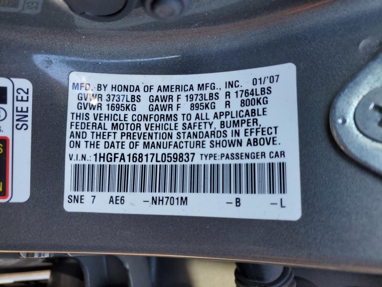 2007 Honda Civic VIN 1HGFA16817L059837 Copart auction photo, front end damage thumbnail 13