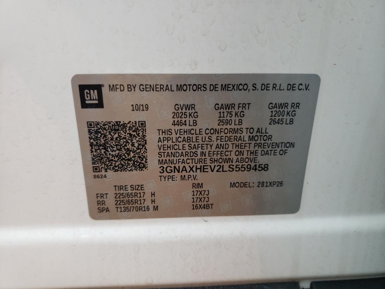 2020 Chevrolet Equinox VIN 3GNAXHEV2LS559458 Copart auction photo, front end damage thumbnail 15