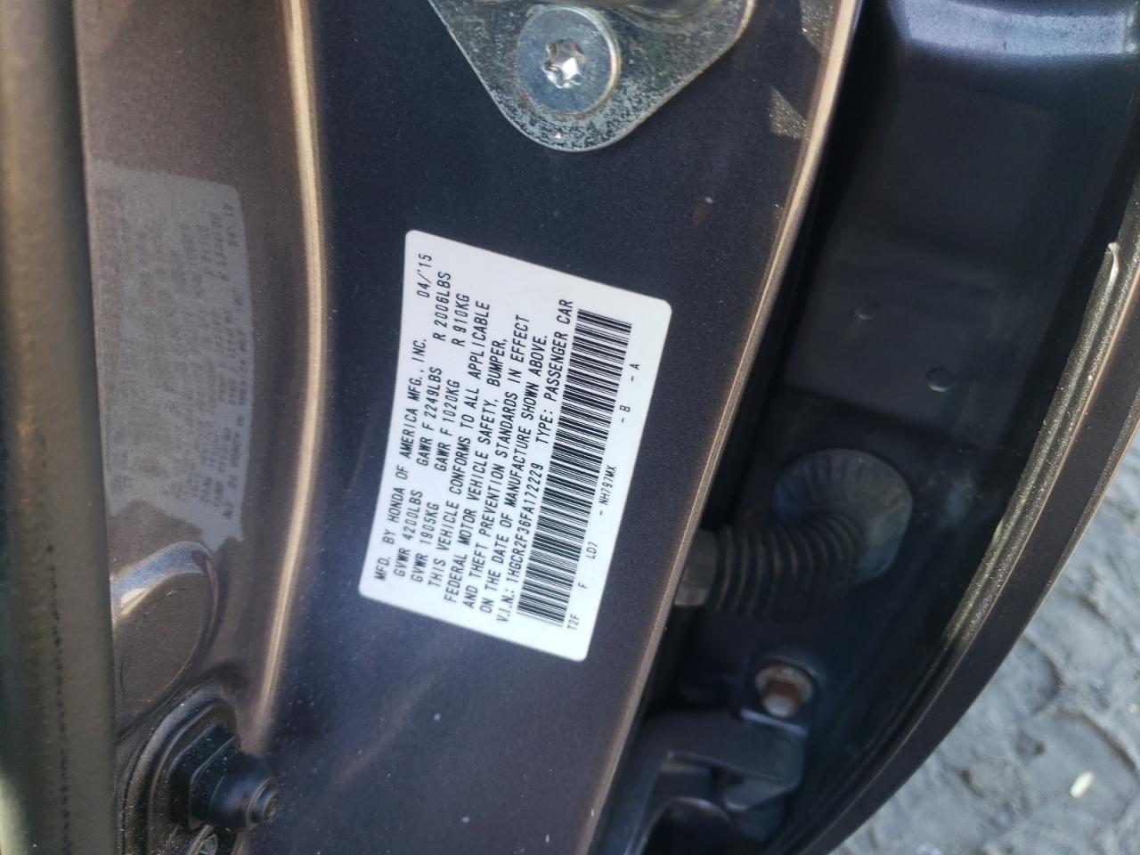 2015 Honda Accord VIN 1HGCR2F36FA172229 Copart auction photo, side / rear end damage thumbnail 12