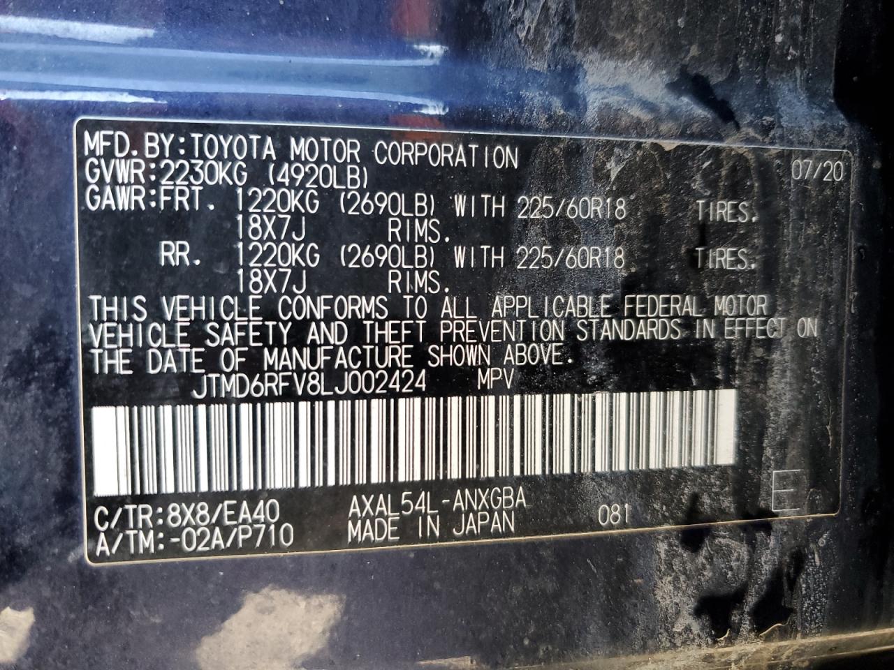 2020 Toyota RAV 4 VIN JTMD6RFV8LJ002424 Copart auction photo, rear end damage thumbnail 14