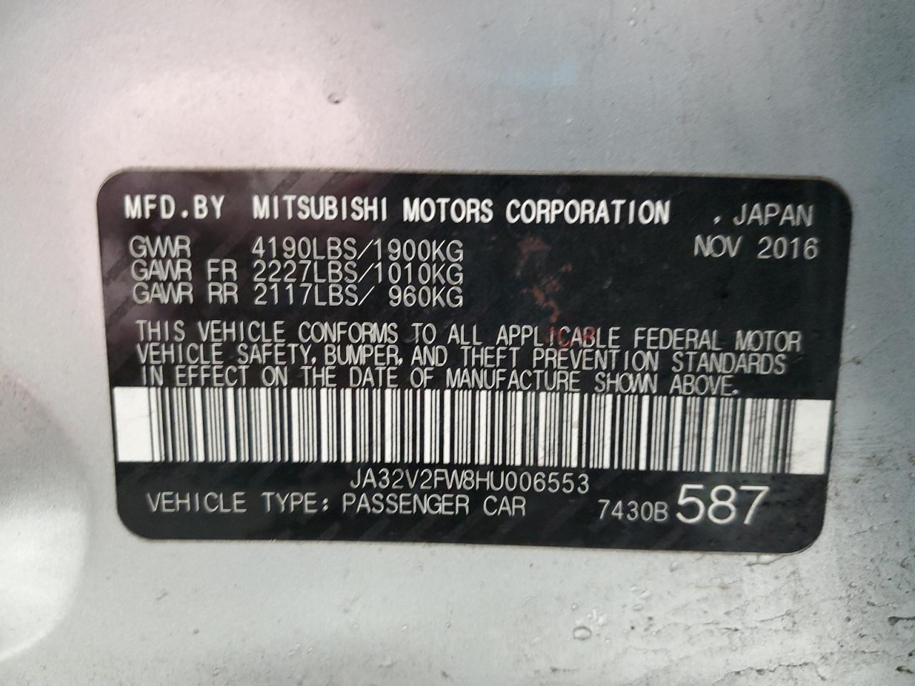 2017 Mitsubishi Lancer VIN JA32V2FW8HU006553 Copart auction photo, front end / side damage thumbnail 12