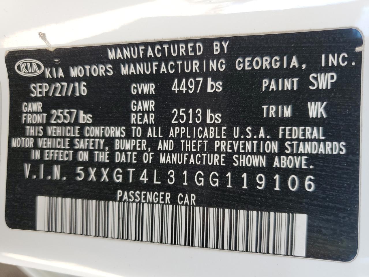 2016 KIA Optima VIN 5XXGT4L31GG119106 Copart auction photo, front end damage thumbnail 14