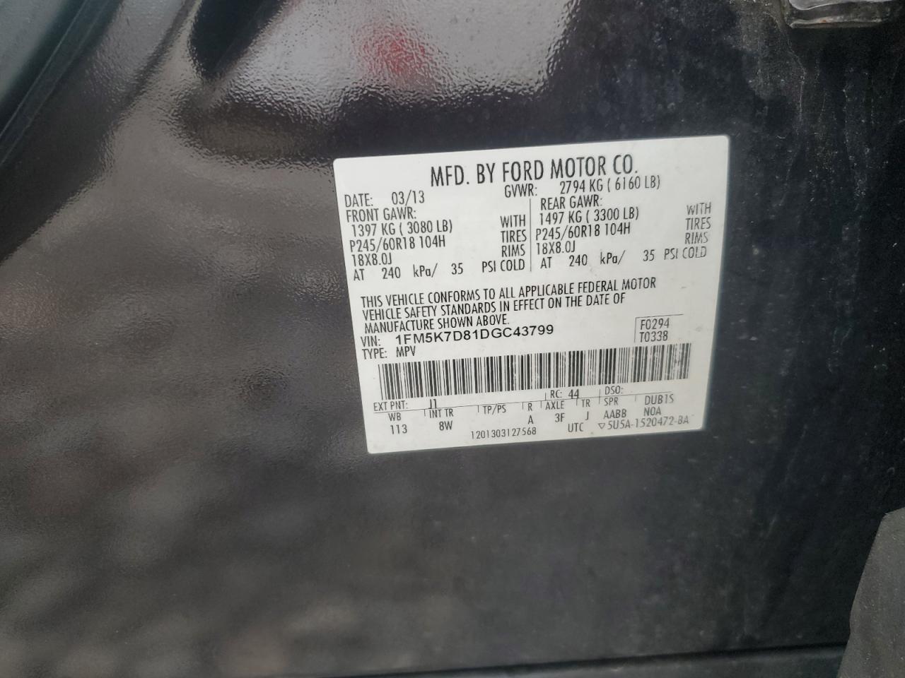 2013 Ford Explorer VIN 1FM5K7D81DGC43799 Copart auction photo, front end / side damage thumbnail 15