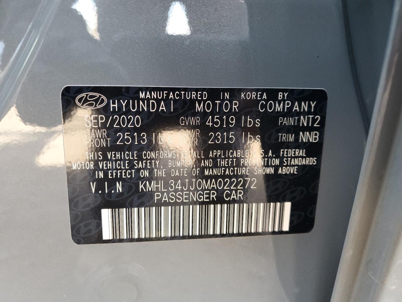 2021 Hyundai Sonata VIN KMHL34JJ0MA022272 Copart auction photo, front end damage thumbnail 14