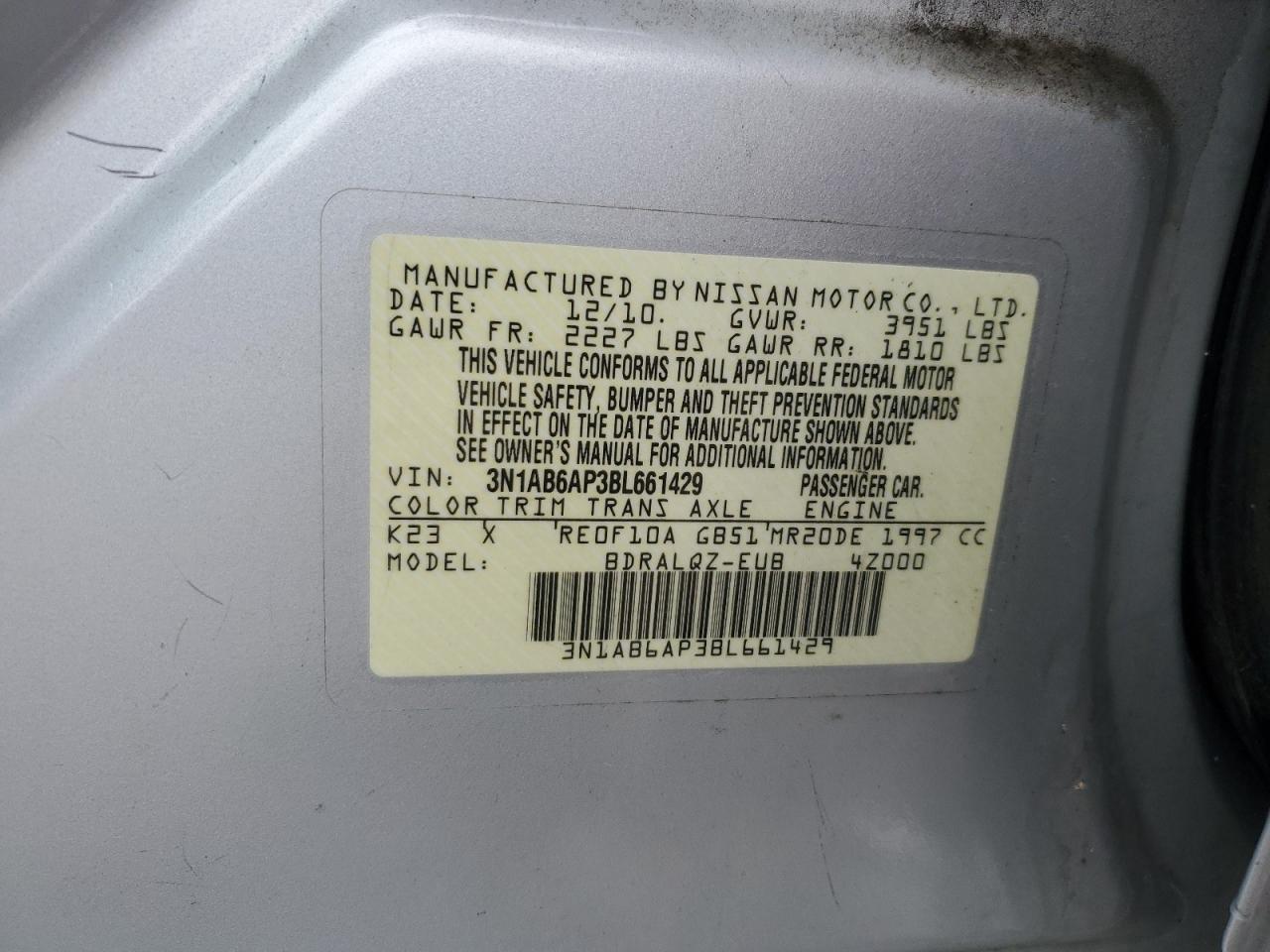 2011 Nissan Sentra VIN 3N1AB6AP3BL661429 Copart auction photo, front end / rear end damage thumbnail 15