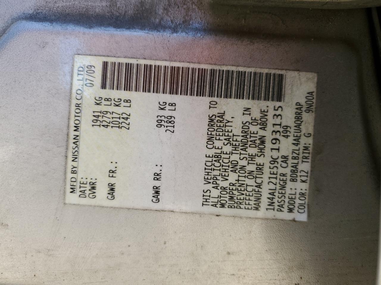 2009 Nissan Altima VIN 1N4AL21E59C193135 Copart auction photo, rear end damage thumbnail 15