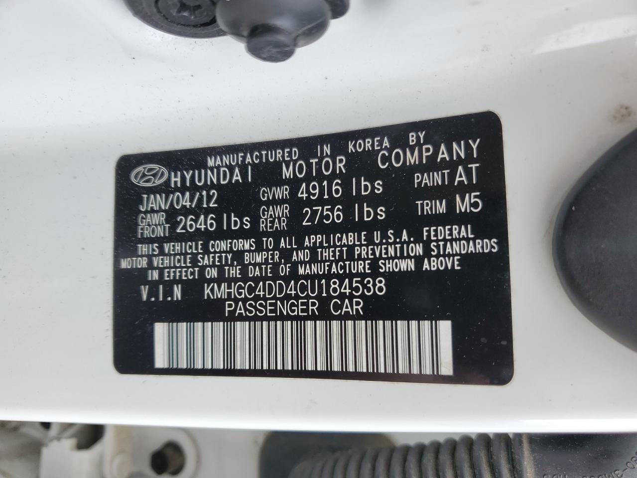 2012 Hyundai Genesis VIN KMHGC4DD4CU184538 Copart auction photo, side damage thumbnail 12