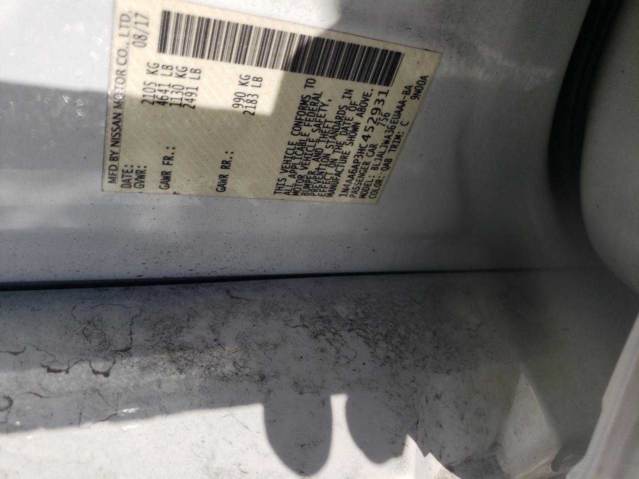 2017 Nissan Maxima VIN 1N4AA6AP3HC452931 Copart auction photo, front end damage thumbnail 12