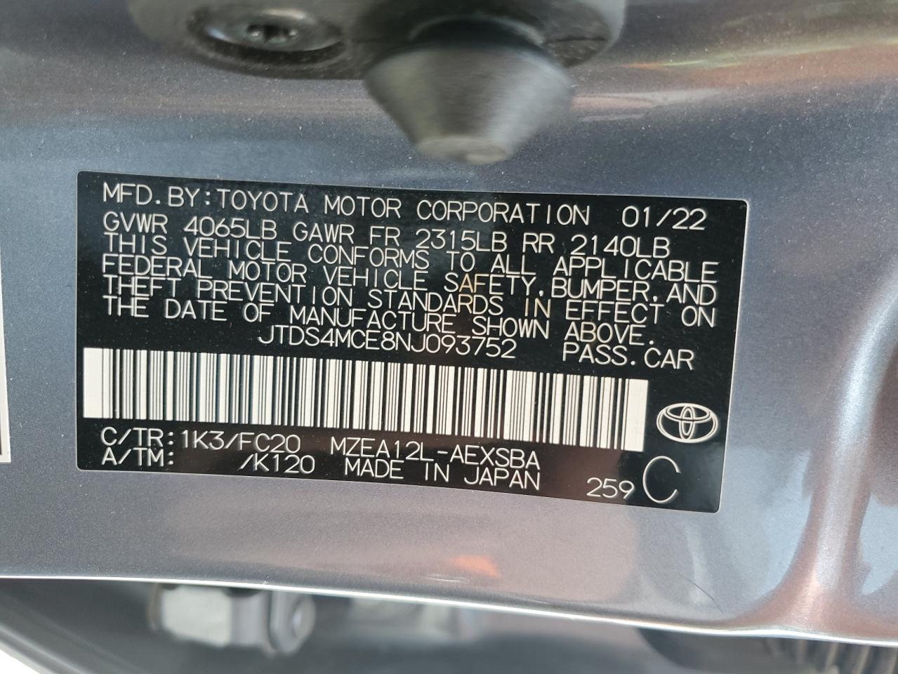 2022 Toyota Corolla VIN JTDS4MCE8NJ093752 Copart auction photo, front end damage thumbnail 14
