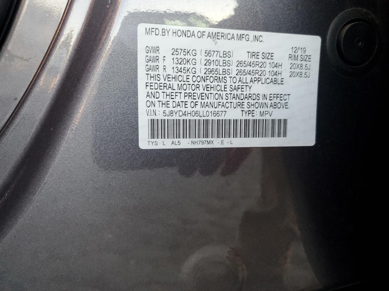 2020 Acura MDX VIN 5J8YD4H06LL016677 Copart auction photo, vandalism damage thumbnail 7
