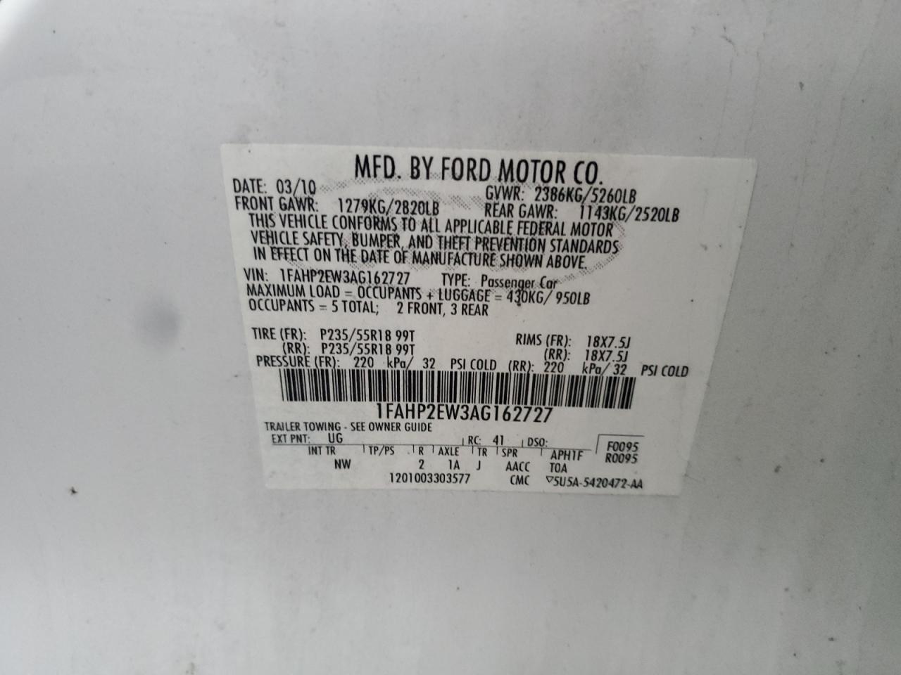 2010 Ford Taurus VIN 1FAHP2EW3AG162727 Copart auction photo, front end damage thumbnail 12