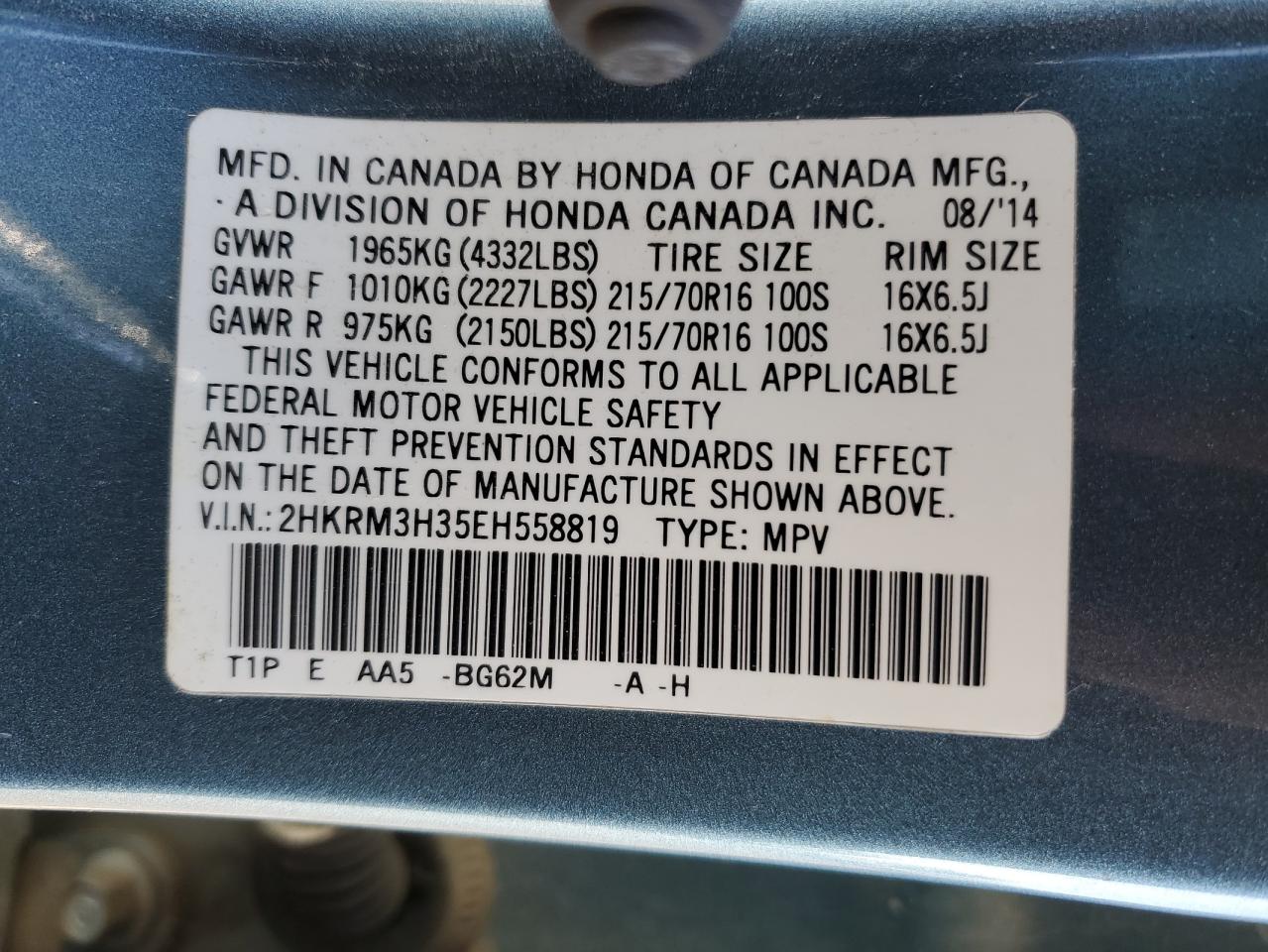 2014 Honda CR-V VIN 2HKRM3H35EH558819 Copart auction photo, front end / rear end damage thumbnail 15