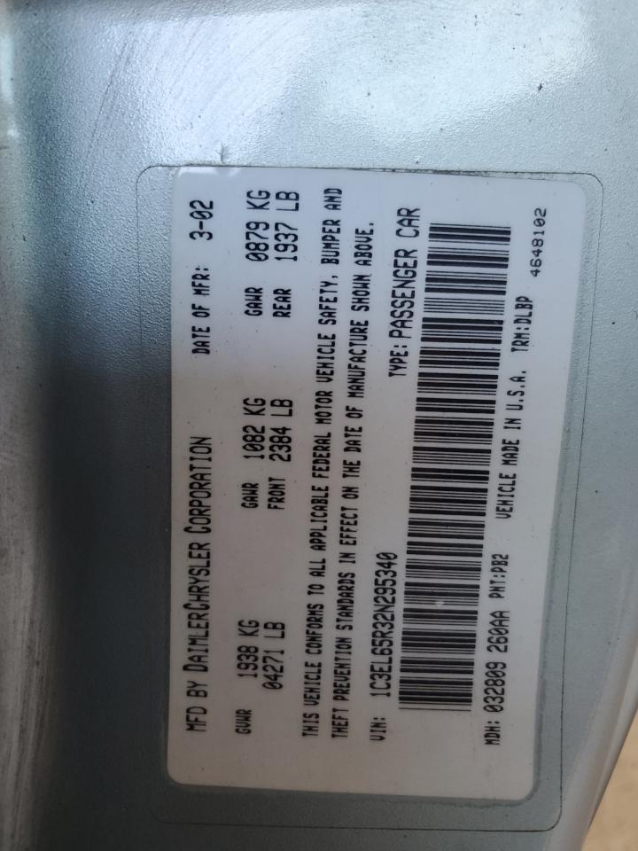 2002 Chrysler Sebring VIN 1C3EL65R32N295340 Copart auction photo, water/flood damage thumbnail 13
