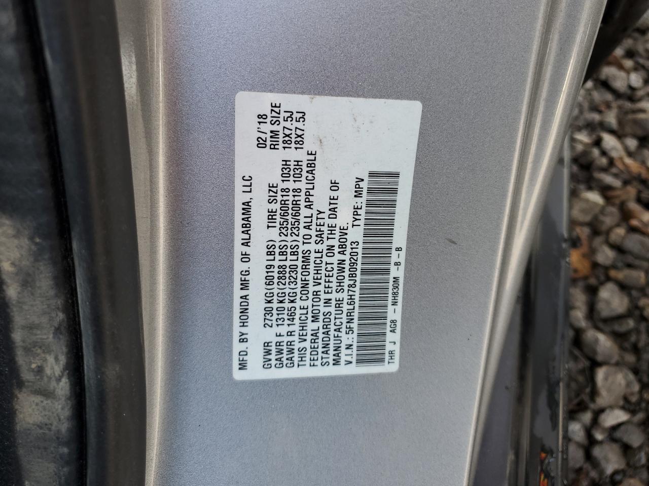 2018 Honda Odyssey VIN 5FNRL6H78JB092013 Copart auction photo, side / rear end damage thumbnail 13