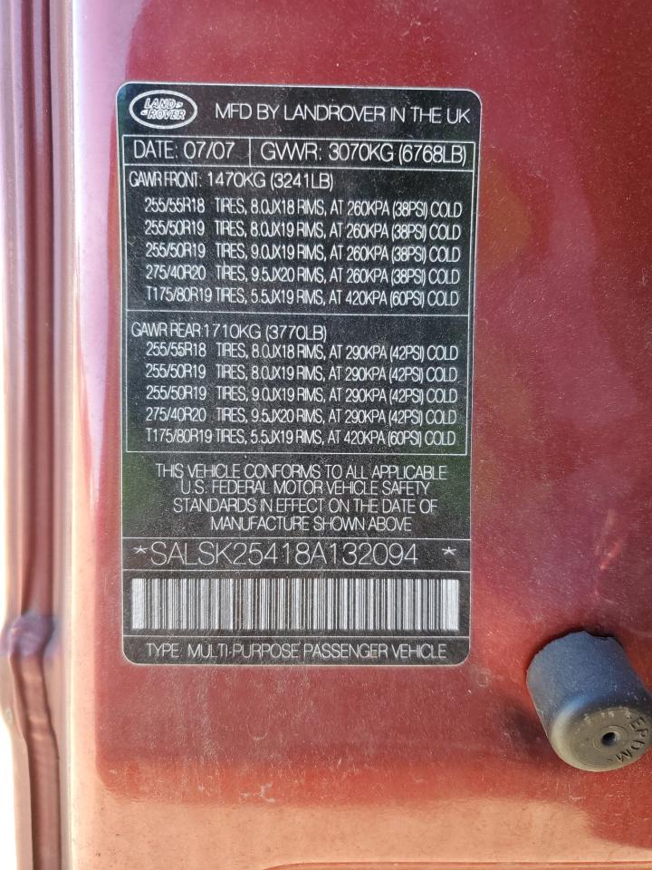 2008 Land Rover Range Rover VIN SALSK25418A132094 Copart auction photo, front end damage thumbnail 13