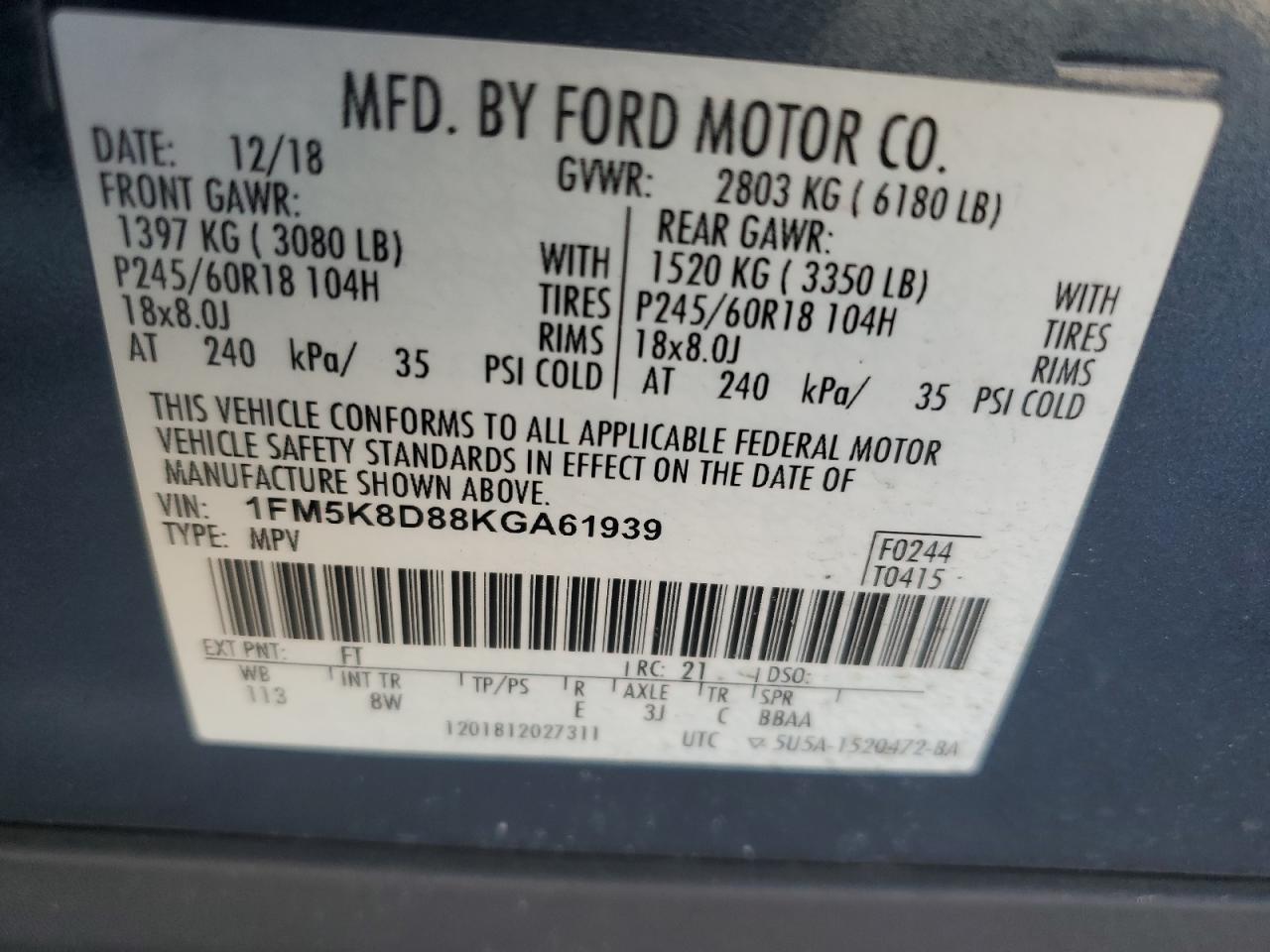 2019 Ford Explorer VIN 1FM5K8D88KGA61939 Copart auction photo, front end damage thumbnail 16