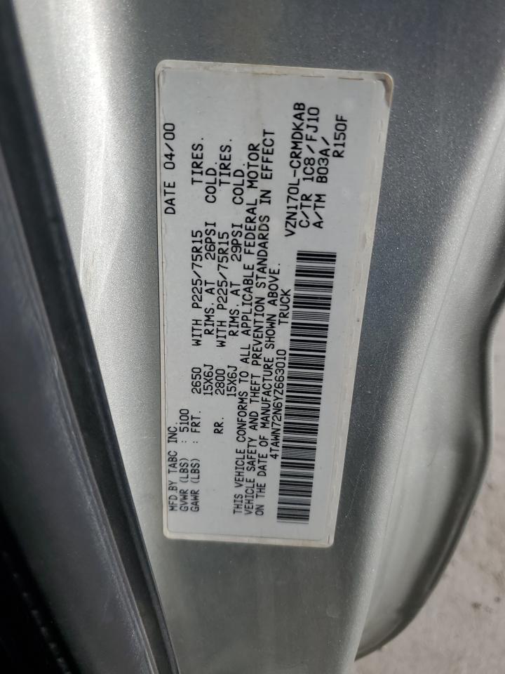 2000 Toyota Tacoma VIN 4TAWN72N6YZ663010 Copart auction photo, front end / undercarriage damage thumbnail 12