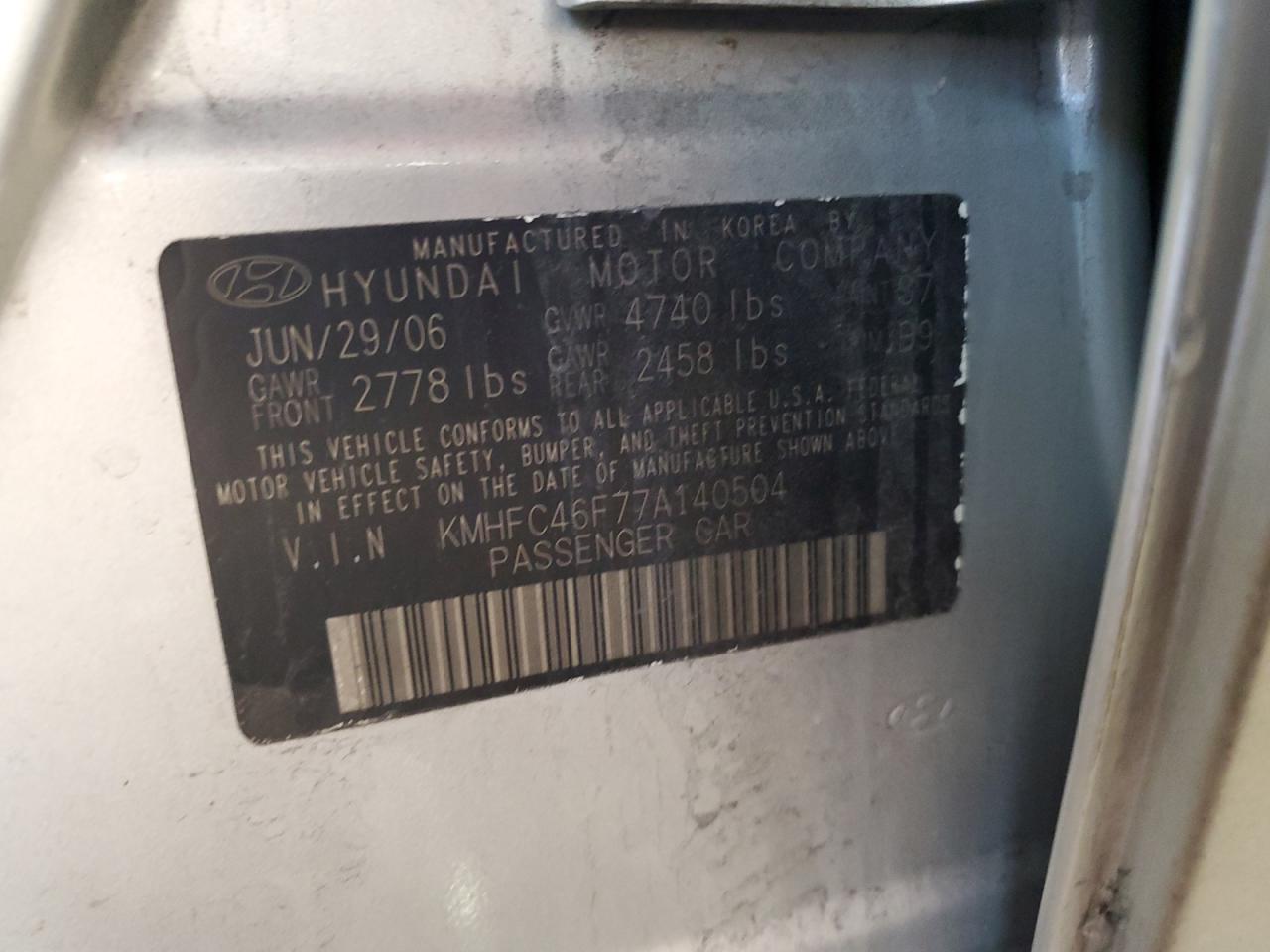 2007 Hyundai Azera VIN KMHFC46F77A140504 Copart auction photo, front end damage thumbnail 12