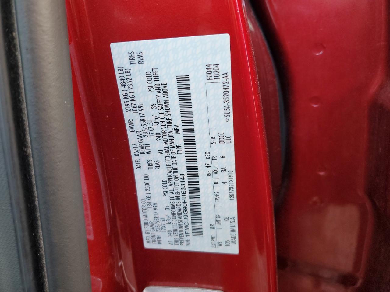 2017 Ford Escape VIN 1FMCU9G90HUE33148 Copart auction photo, side / front end damage thumbnail 13