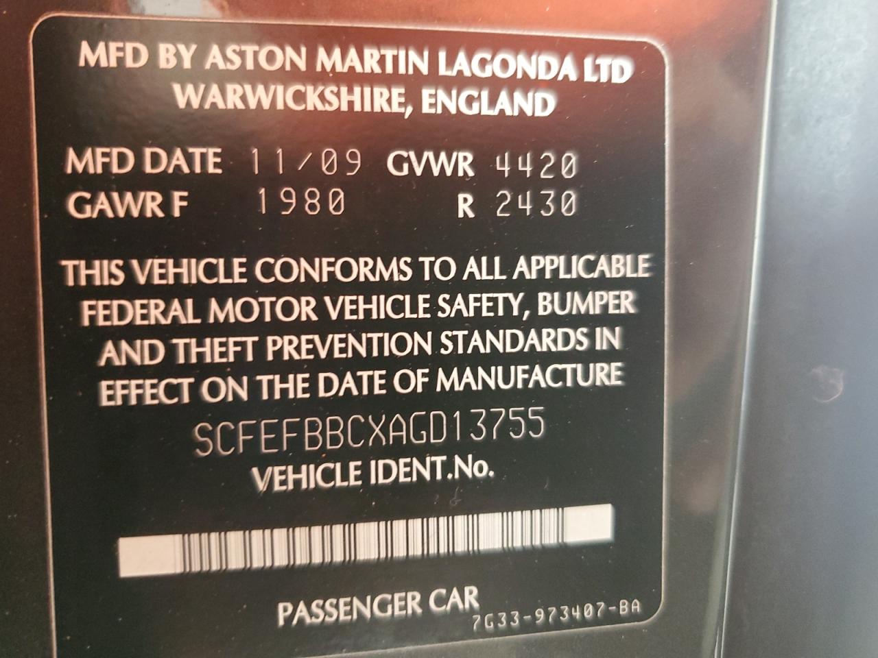 2010 Aston Martin Vantage VIN SCFEFBBCXAGD13755 Copart auction photo, water/flood damage thumbnail 12