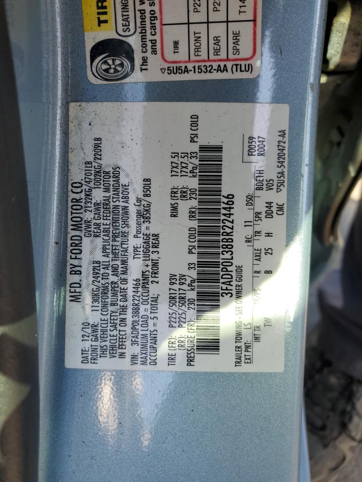 2011 Ford Fusion VIN 3FADP0L38BR224466 Copart auction photo, rear end / side damage thumbnail 12