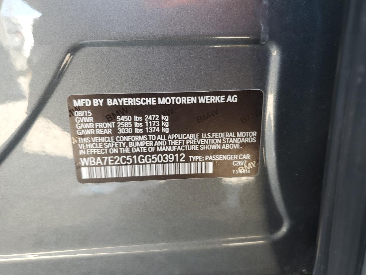 2016 BMW 7er VIN WBA7E2C51GG503912 Copart auction photo, side damage thumbnail 12