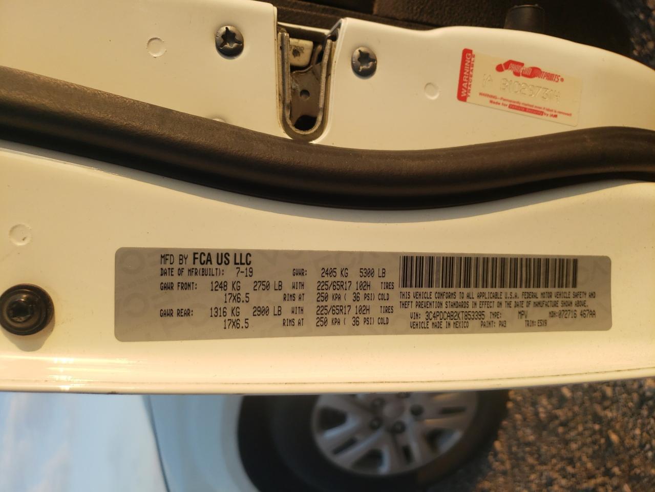 2019 Dodge Journey VIN 3C4PDCAB2KT853395 Copart auction photo, rear end / minor dent/scratches damage thumbnail 12