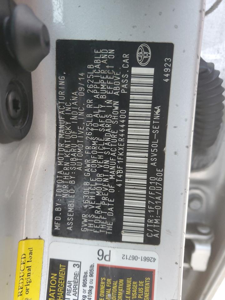 2014 Toyota Camry VIN 4T4BF1FKXER444400 Copart auction photo, all over damage thumbnail 12