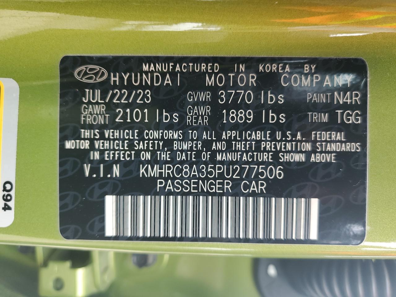 2023 Hyundai Venue VIN KMHRC8A35PU277506 Copart auction photo, side damage thumbnail 12