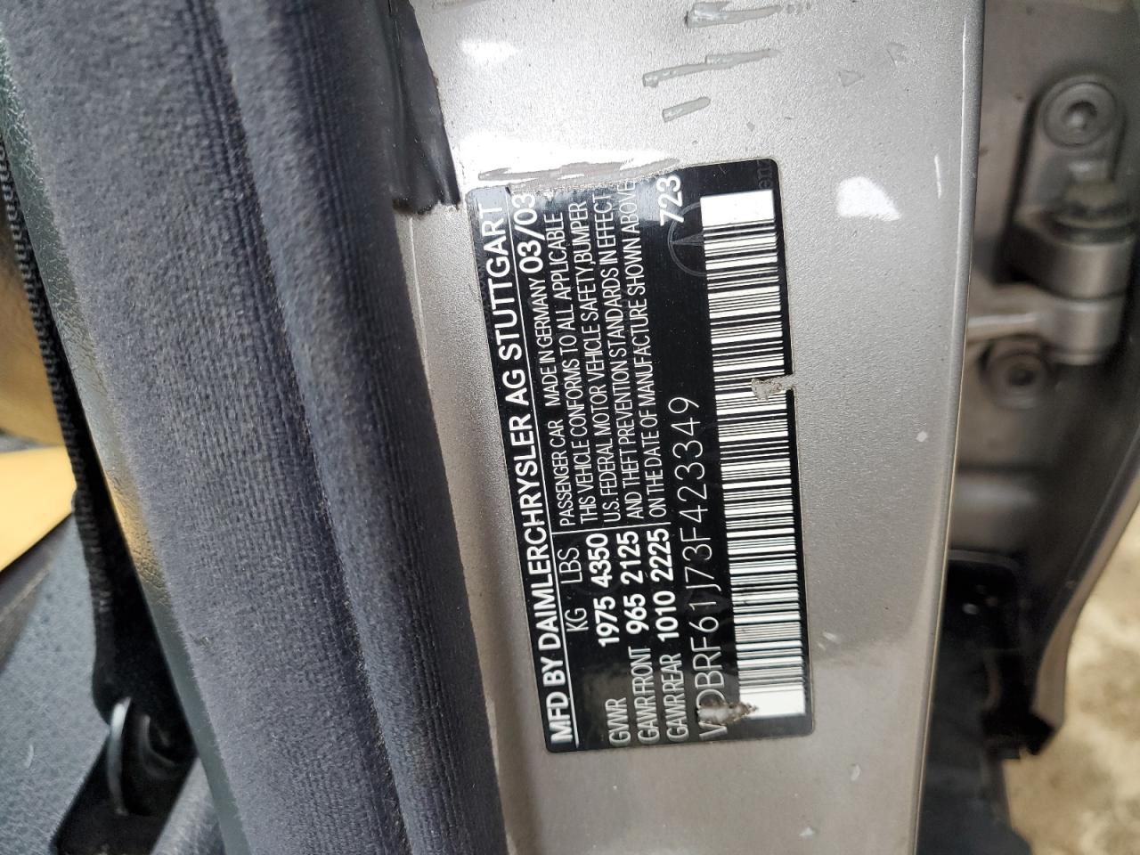 2003 Mercedes-Benz C-klasse VIN WDBRF61J73F423349 Copart auction photo, side / rear end damage thumbnail 12