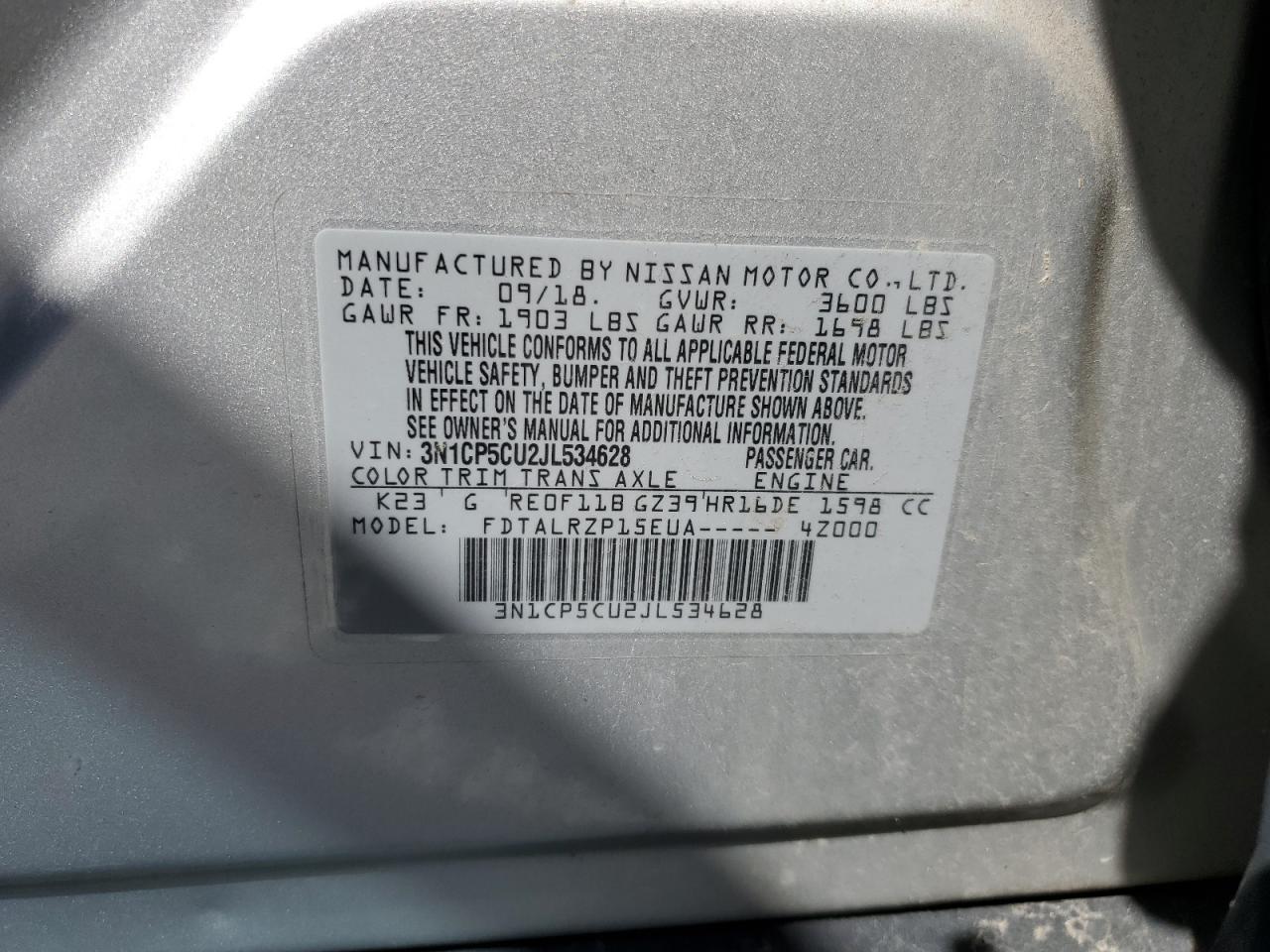 2018 Nissan Kicks VIN 3N1CP5CU2JL534628 Copart auction photo, front end damage thumbnail 14