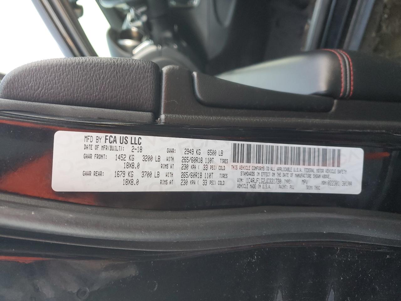 2018 Jeep Grand Cherokee VIN 1C4RJFLG2JC331730 Copart auction photo, front end damage thumbnail 13