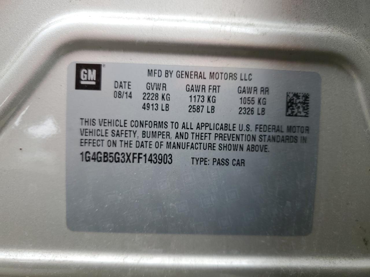 2015 Buick LaCrosse VIN 1G4GB5G3XFF143903 Copart auction photo, rear end / side damage thumbnail 12