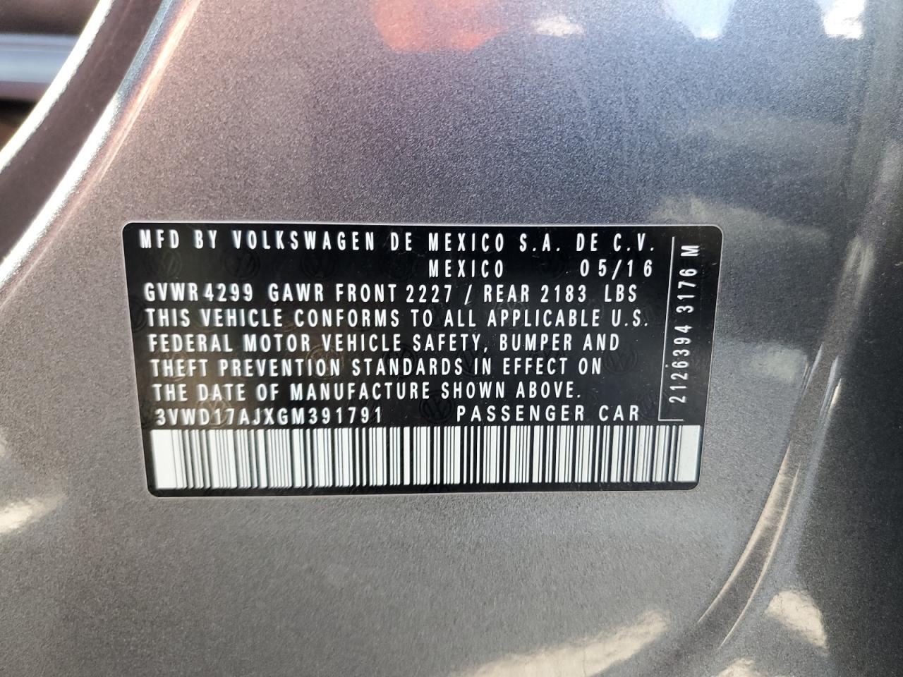 2016 Volkswagen Jetta VIN 3VWD17AJXGM391791 Copart auction photo, front end damage thumbnail 12