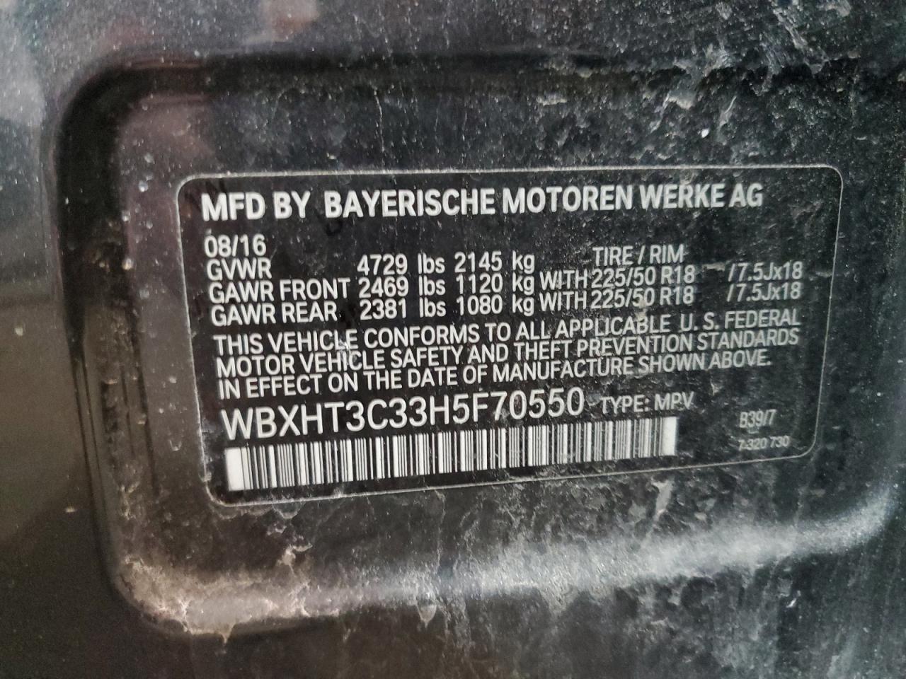 2017 BMW X1 VIN WBXHT3C33H5F70550 Copart auction photo, rear end / minor dent/scratches damage thumbnail 13