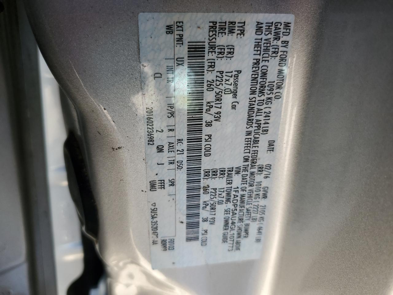2016 Ford C-MAX VIN 1FADP5AU4GL107773 Copart auction photo, front end / rear end damage thumbnail 13